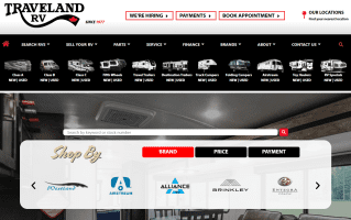 Traveland RV homepage displaying RV category navigation, inventory search bar, brand browsing options, and links to service, parts, financing, and dealership locations.