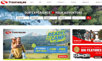 Fraserway RV homepage with RV inventory search tools, camping-themed promotional banners, and navigation for RV sales, rentals, parts, and service