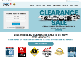 Voyager RV homepage featuring a 2026-model RV clearance sale banner, RV search filters, and dealership awards highlighting RV sales, service, and financing