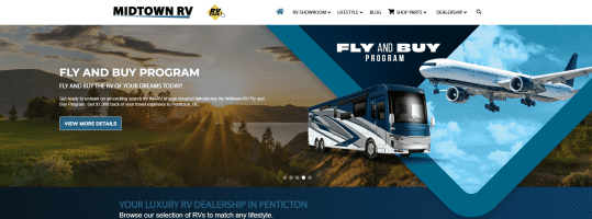 Midtown RV homepage featuring a Fly and Buy Program promotion, luxury RV inventory, dealership navigation, and RV shopping resources in Penticton, BC.