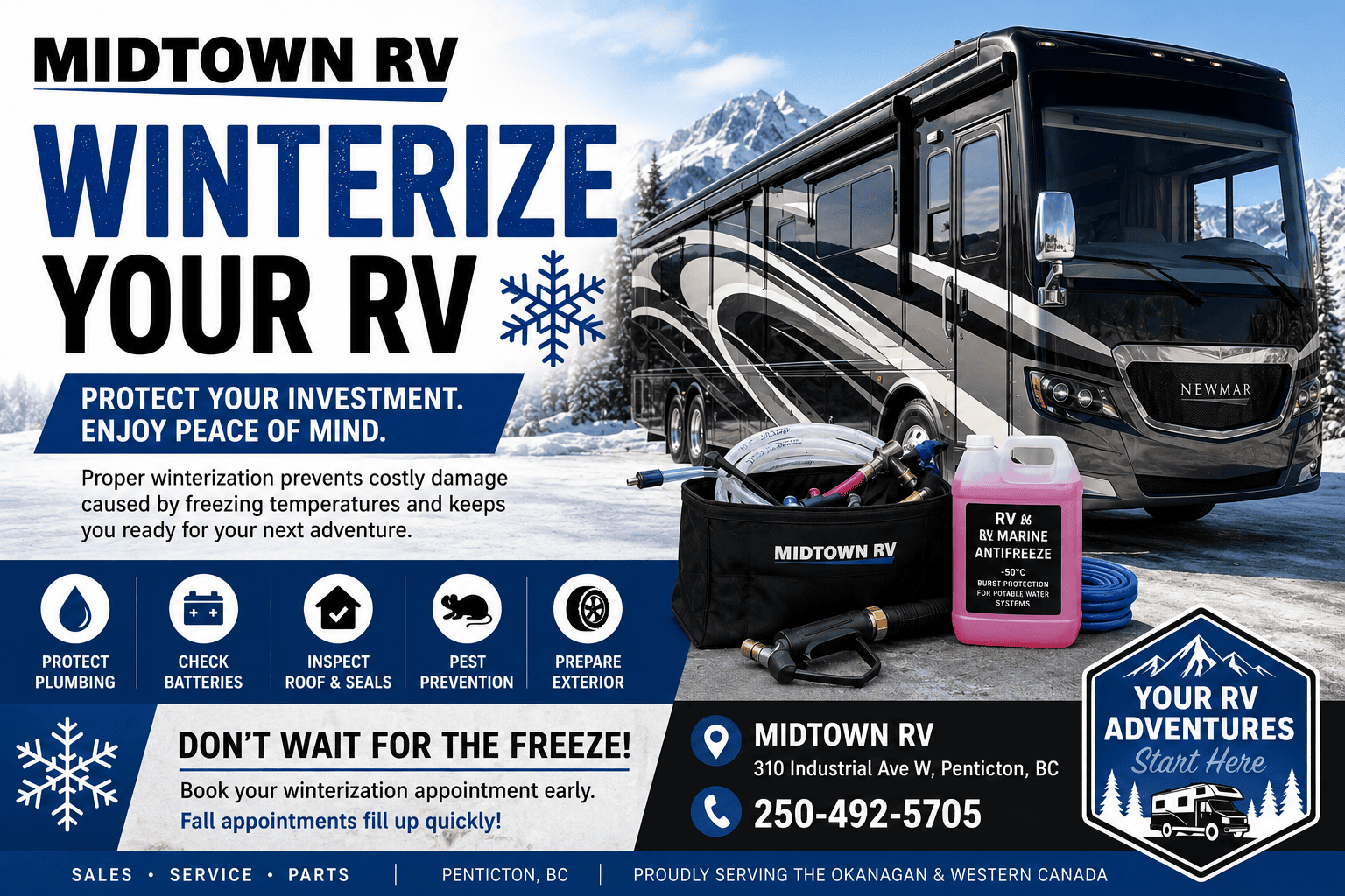 Technician winterizing a luxury motorhome with RV antifreeze at Midtown RV in Penticton, BC