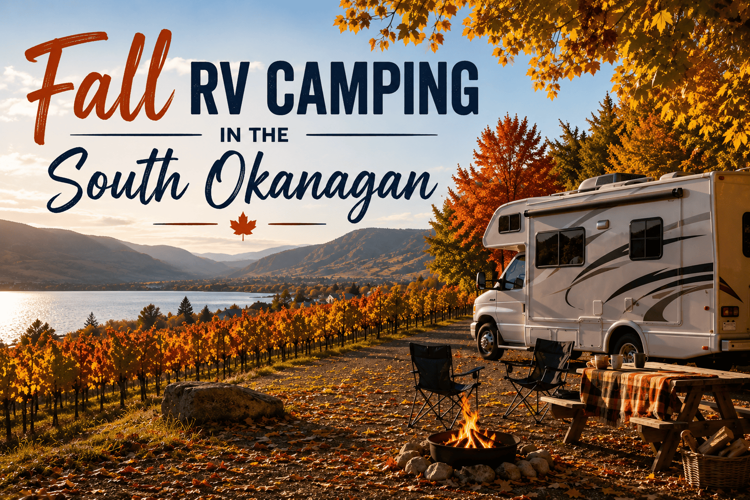 Fall RV camping in the South Okanagan with vineyard, lake and mountain views